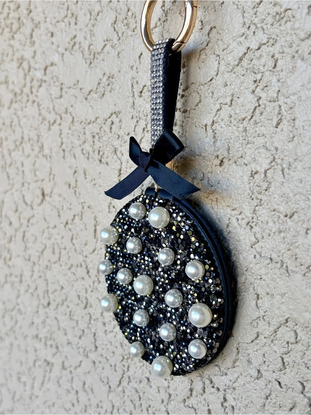 Sparkling Black Rhinestone & Pearl Dual Sided Mirror/Keychain/Bag Charm